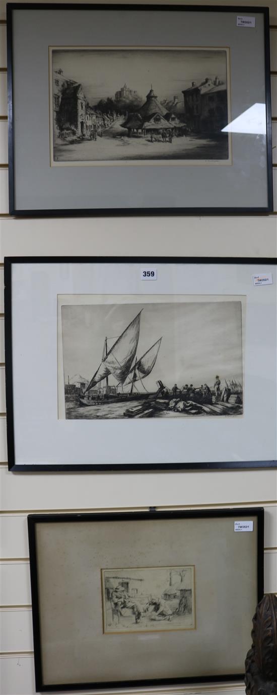 Sidney Tushingham (1884-1968), a pair of black and white etchings, signed and another etching, 23 x 35cm (pair)